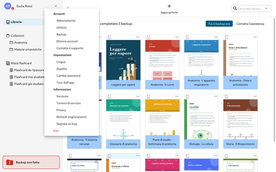 Braynr: il menu con il tuo nome aperto, con la voce Backup nella sezione Account
