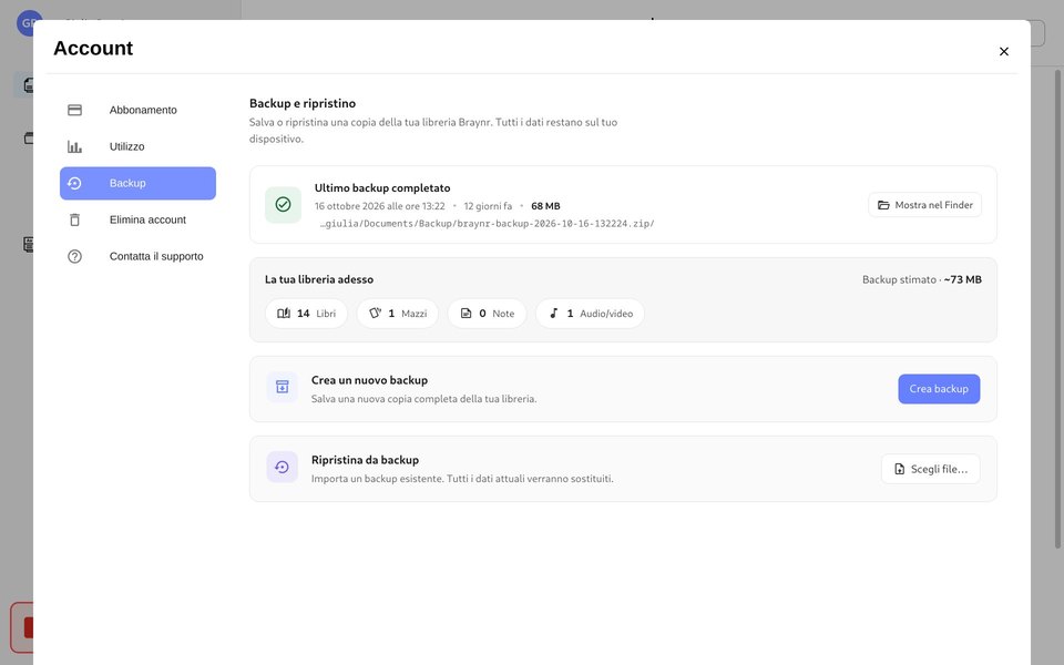 Braynr: la scheda Backup e ripristino, con il riepilogo della libreria e il pulsante Crea backup