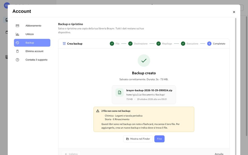 Braynr: Backup creato, con il nome del file .zip e la cartella in cui si trova
