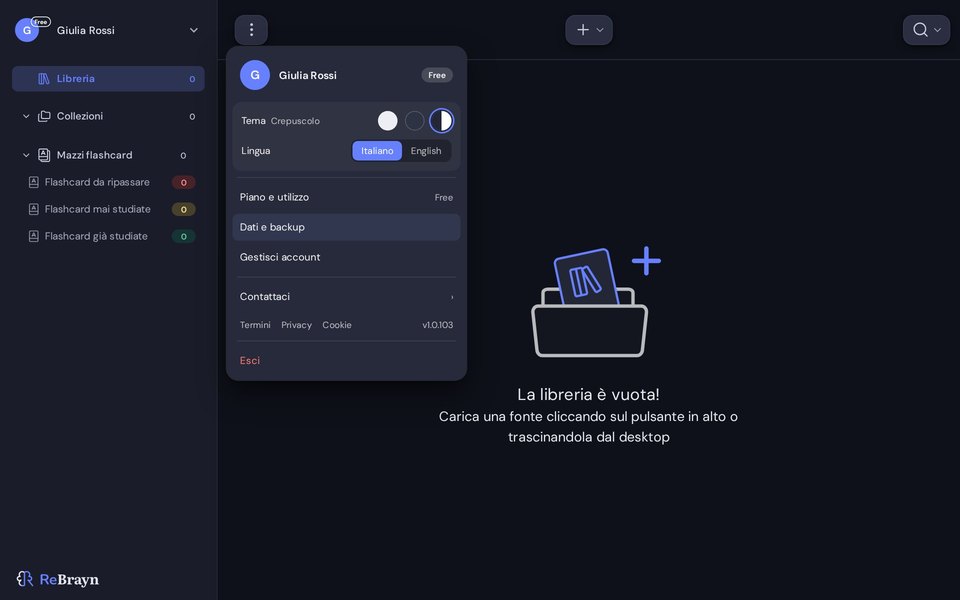 ReBrayn: il menu con il tuo nome aperto, con la voce Dati e backup