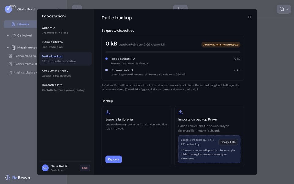 ReBrayn: Impostazioni, Dati e backup, la sezione Importa un backup Braynr con il pulsante Scegli il file