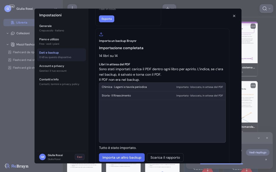 ReBrayn: Importazione completata, con il rapporto e i libri in attesa del PDF