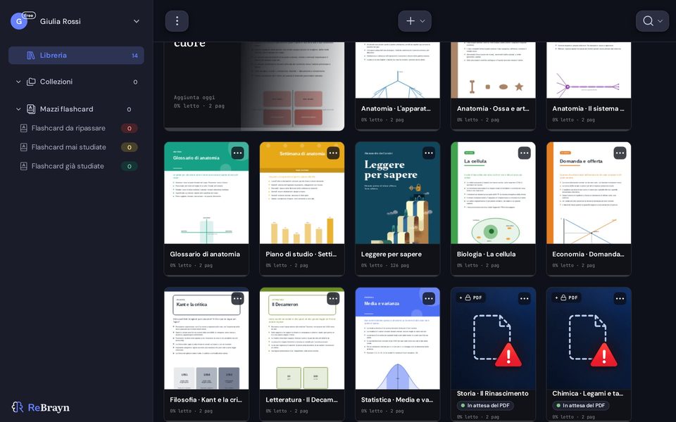 ReBrayn: la libreria importata, con un libro segnato In attesa del PDF